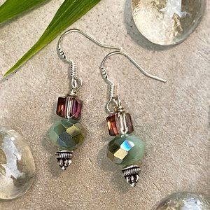 3/$25 Silver Earrings - Sparkling Smoky Gray Sea Foam Green Aurora Borealis Bead